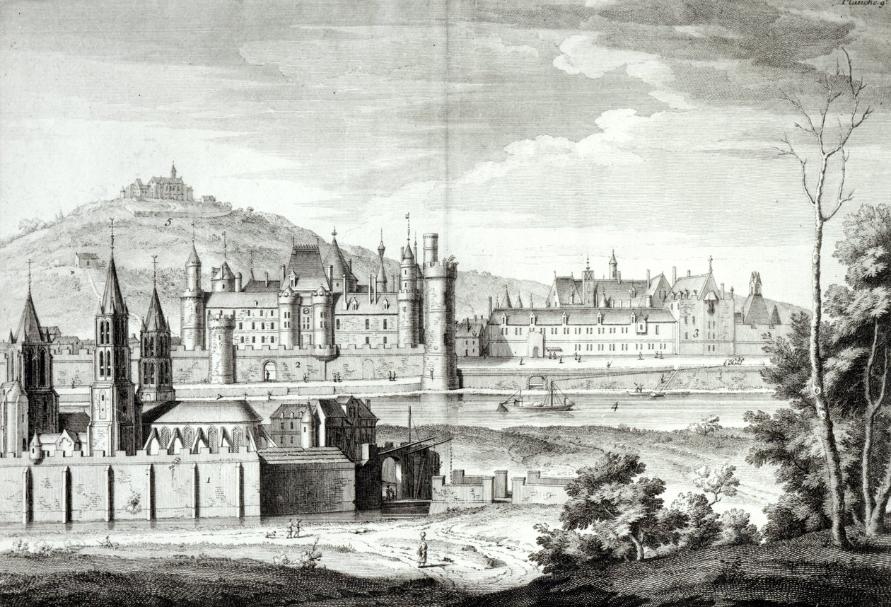 Widok opactwa Saint-Germain-des-Pres, Luwru, Petit Bourbon, Montmartre i Sekwany w 1410 r., rytowany przez Antoine Herisset (1685-1769) autorstwa Jean Chaufourier