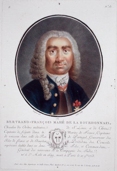 Bertrand-Francois Mahe de la Bourdonnais (1699-1753) z „Portrety wielkich mężczyzn, znamienitych kobiet i pamiętnych poddanych Francji”, grawerowane przez Ride, opublikowane 1787-92 (kolor lito) autorstwa Jean Claude (after) Naigeon