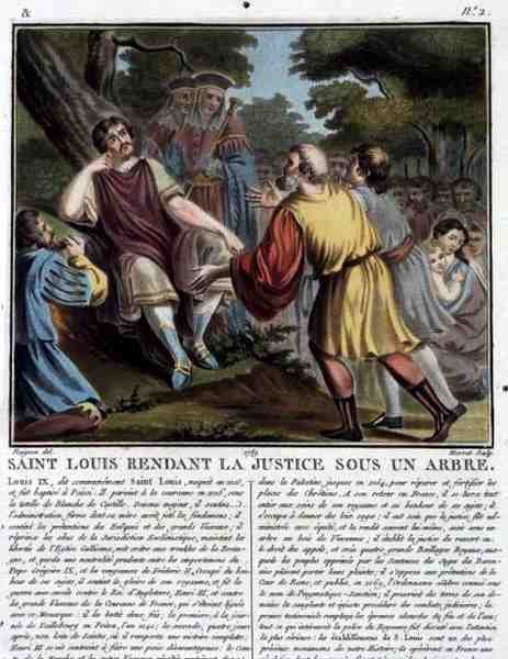 Saint Louis (1215-70) Sprawiedliwość pod drzewem, ryt Jean Baptiste Morret (fl. 1790-1820) 1789 (kolorowa grawerunek) autorstwa Jean Claude (after) Naigeon