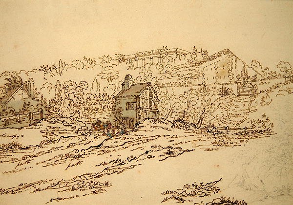 Pavillon de Musique de la Comtesse du Barry w Louveciennes, Paryż (ołówek, długopis i atrament z akwarelą na papierze) autorstwa Jean Claude (attr. to) Nattes