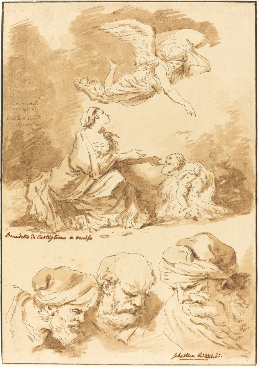 Hagar pocieszana przez anioła (z obrazu Castiglione) i Trzy głowy starców (z obrazu Ricci o Jezusie i cudzołożnicy) autorstwa Jean Claude Richard de Saint Non after Jean Honoré Fragonard
