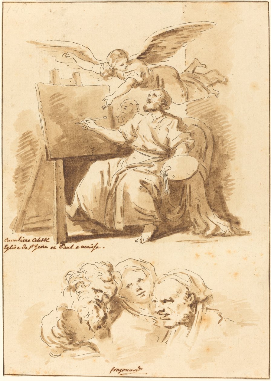 Święty Łukasz przy sztalugach i czterech wyrazistych głowach autorstwa Jean Claude Richard de Saint Non after Jean Honoré Fragonard after Andrea Celesti
