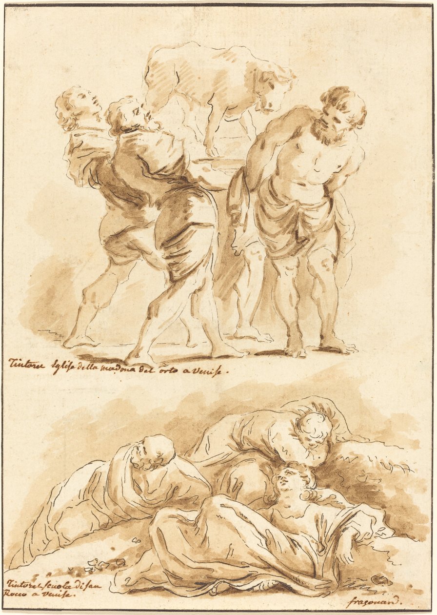 Kult Złotego Cielca i Chrystusa na Górze Oliwnej autorstwa Jean Claude Richard de Saint Non after Jean Honoré Fragonard after Jacopo Tintoretto