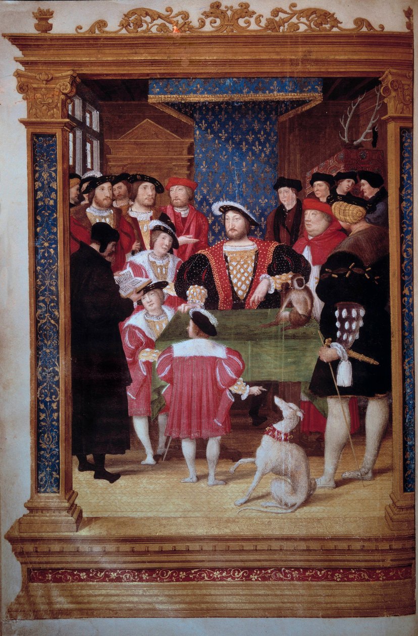 Antoine Macault czyta swoje tłumaczenie królowi Franciszkowi I (1494-1547) i jego dworowi Króla otaczają jego synowie Francois, Henryk (przyszły Henryk II) i Karol. Po lewej reprezentacje (od lewej do prawej): Claude d