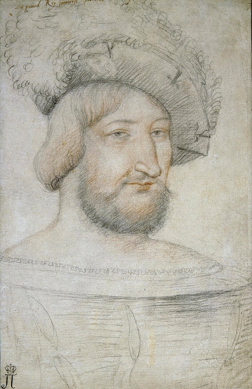 Portret Franciszka I (1494-1547), króla Francji par Clouet, Jean (ok. 1485-1541). Czarna kreda i sangwina na papierze, format 29,3x19,1, I poł. XVI w., Państwowy Ermitaż, Sankt Petersburg autorstwa Jean Clouet
