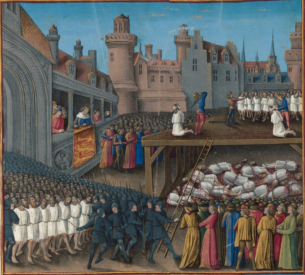 Masakra jeńców saraceńskich zlecona przez króla Ryszarda Lwie Serce, 1191, 1474-1475. autorstwa Jean Colombe