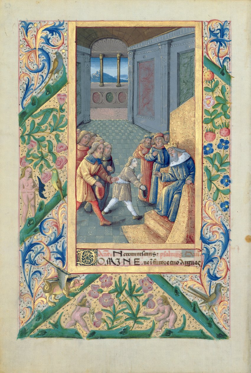 Ms Lat. Q.v.I.126 f.53v Dawid wysłany do Saula, z "Księgi godzin Ludwika Orleańskiego", 1469 r. autorstwa Jean Colombe