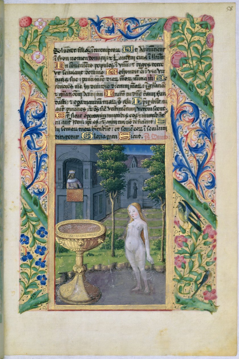 Pani Lat. Q.v.I.126 f.58 David szpieguje Batszebę podczas kąpieli, z Księgi godzin Ludwika dOrleans, 1469 autorstwa Jean Colombe