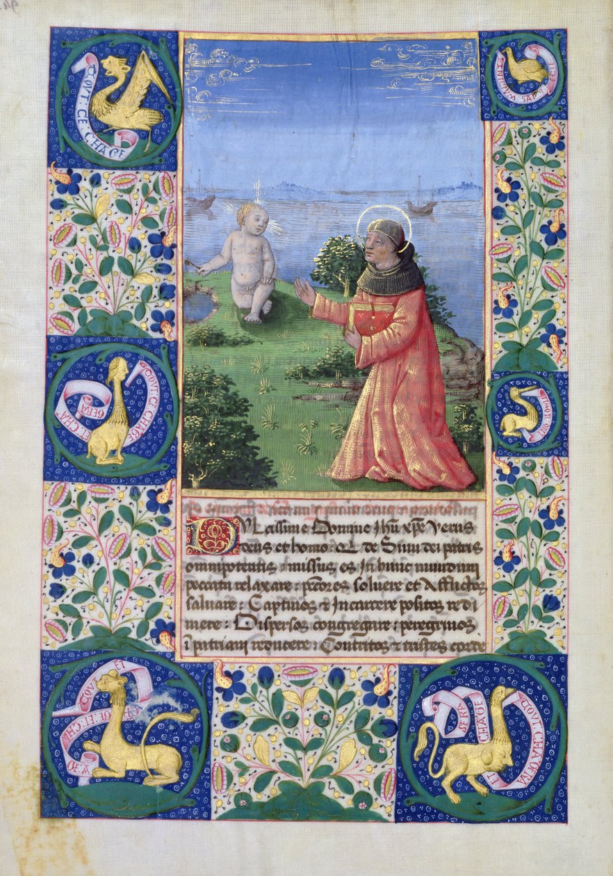 Pani Lat. Q.v.I.126 f.94v Ludwik Orleański (1462-1515) modlący się przed Dzieciątkiem Jezus, z Księgi Godzin Ludwika dOrleans, 1469 autorstwa Jean Colombe