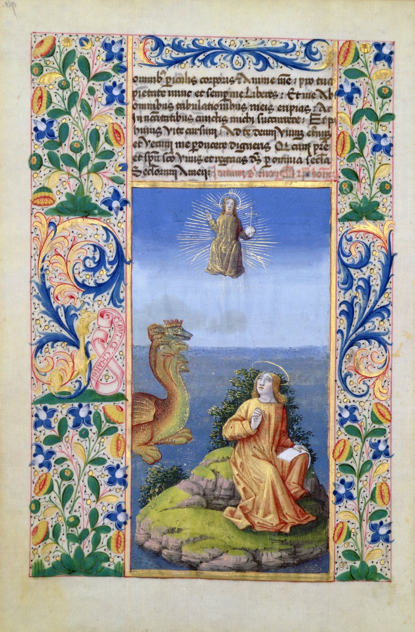 Pani Lat. Q.v.I.126 f.96v Św. Jan Ewangelista na wyspie Patmos, z Księgi Godzin Ludwika dOrleans, 1469 autorstwa Jean Colombe