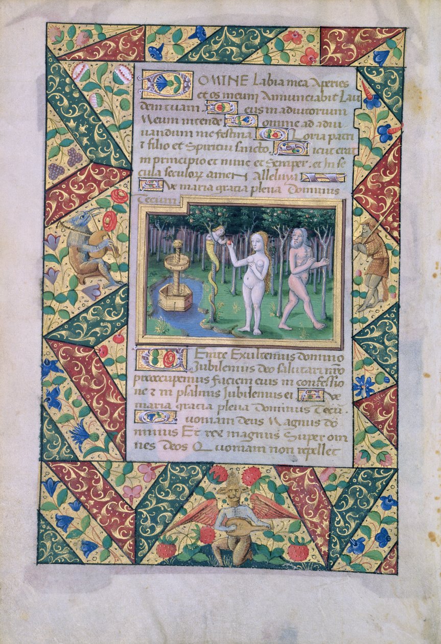 Pani Lat. Q.v.I.126 fol.12v Kuszenie w Ogrodzie Eden, z Księgi Godzin Ludwika dOrleans, 1490 autorstwa Jean Colombe