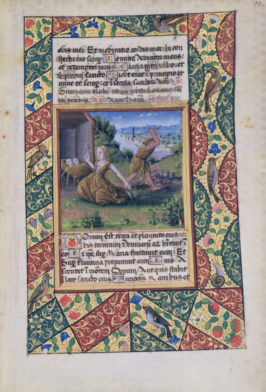 Pani Lat. Q.v.I.126 fol.15 Pracujący Adam i Ewa, z Księgi Godzin Ludwika dOrleans, 1490 autorstwa Jean Colombe