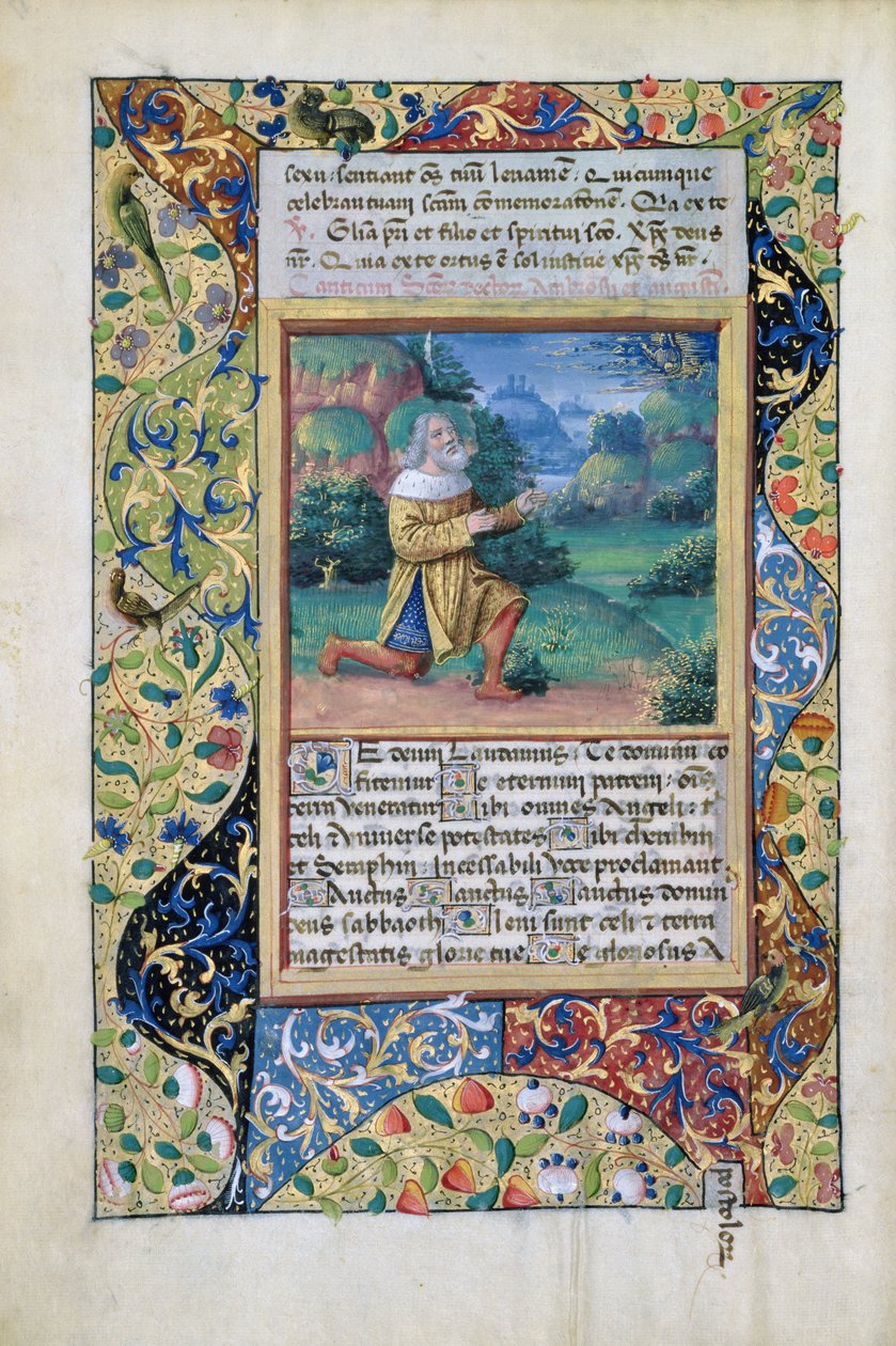 Pani Lat. Q.v.I.126 fol.17v Król Dawid w pokucie przed Bogiem Ojcem, z Księgi Godzin Ludwika dOrleans, 1490 autorstwa Jean Colombe