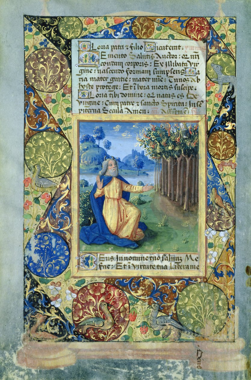 Pani Lat. Q.v.I.126 fol.25v Mojżesz przed płonącym krzewem, z Księgi Godzin Ludwika dOrleans, 1490 autorstwa Jean Colombe