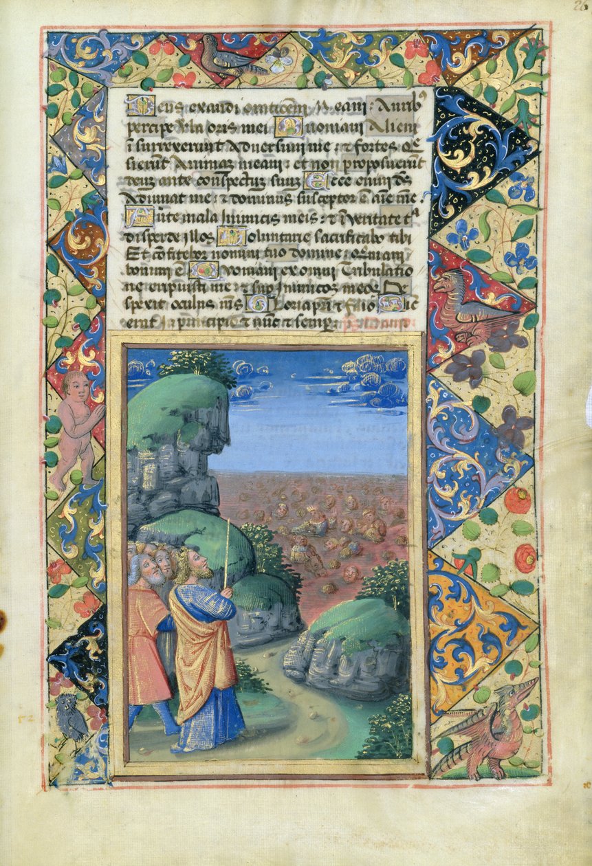 Pani Lat. Q.v.I.126 fol.26 Mojżesz i Izraelici obserwujący Egipcjan tonących w morzu, z Księgi Godzin Ludwika dOrleans, 1490 autorstwa Jean Colombe