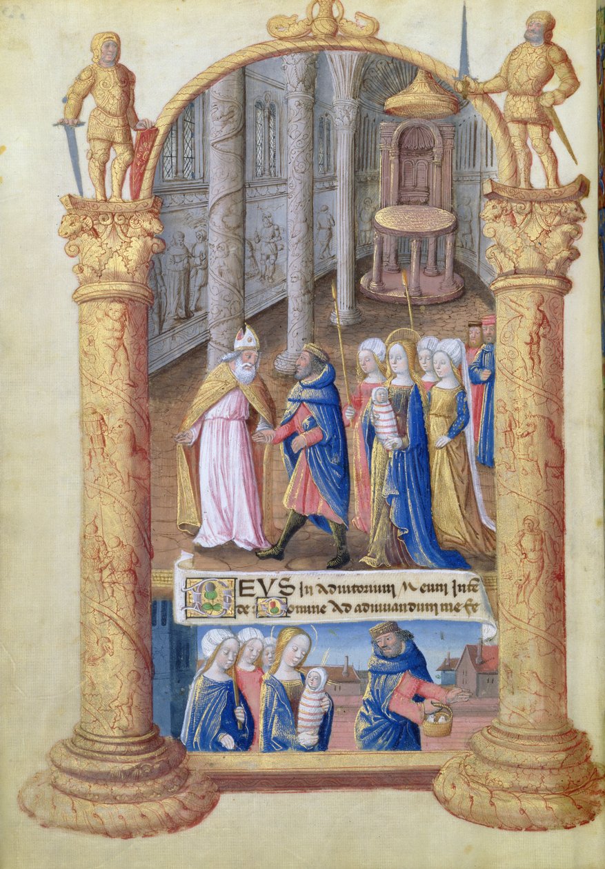 Pani Lat. Q.v.I.126 fol.33v Ofiarowanie Dzieciątka Jezus w świątyni, z Księgi Godzin Ludwika dOrleans, 1490 autorstwa Jean Colombe
