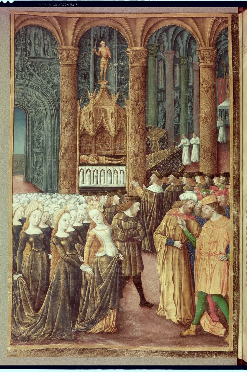 Nouv Acqu Fr 24920 fol.24v Priam przed grobem Hektora w świątyni Apolla, z „Historii zniszczenia Troi”, ok. 1500 autorstwa Jean Colombe