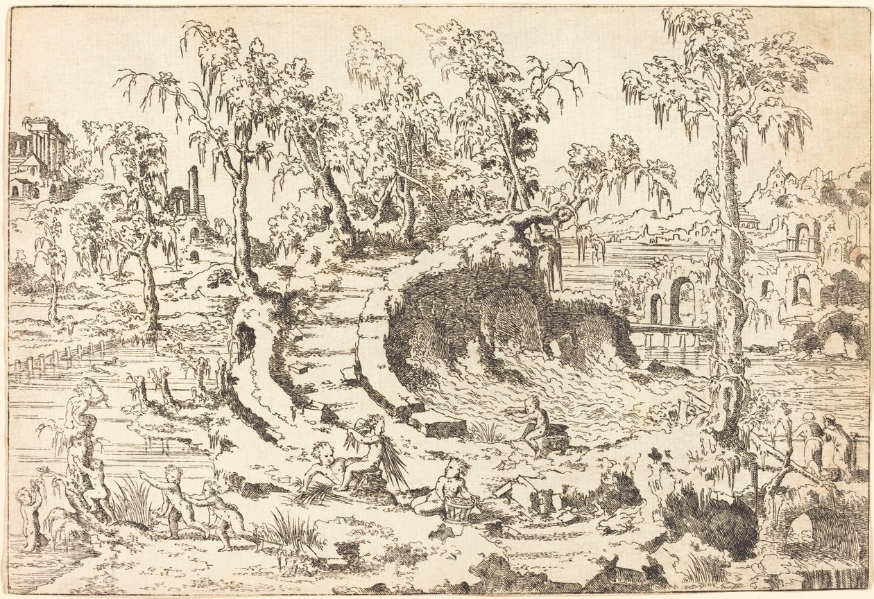 Putti bawi się w fantazyjnym krajobrazie autorstwa Jean Cousin the Younger