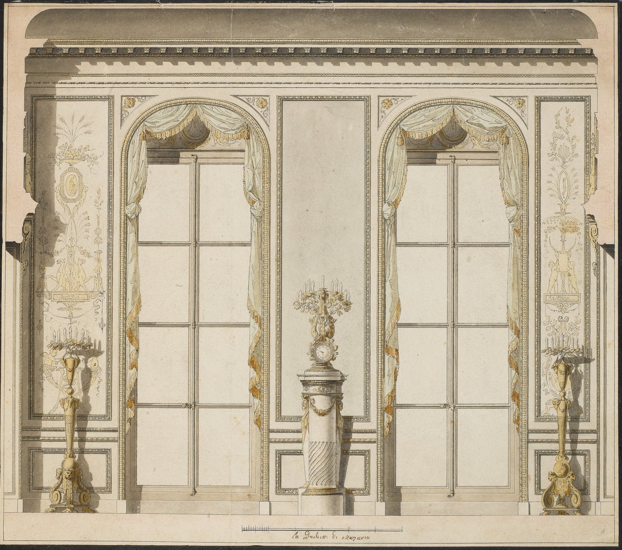 Projekt architektoniczny dla Grande Galerie Hotelu de Madame de Mazarin w Paryżu (pióro i atrament oraz w/c na papierze) autorstwa Jean Desmosthene Dugourc