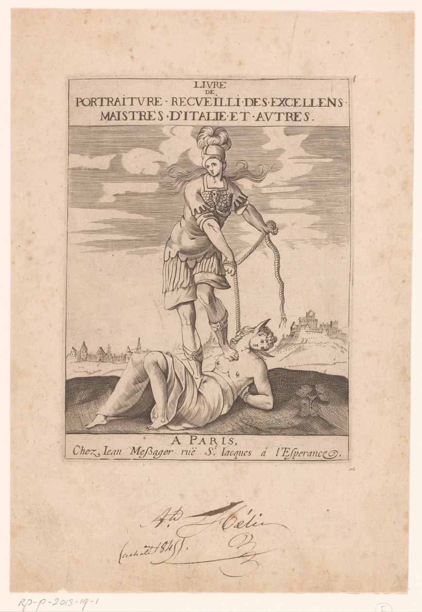 Minerva wiąże Głupotę liną Strona tytułowa dla: s.n., Livre de portraiture receuilli des excellens maistres d