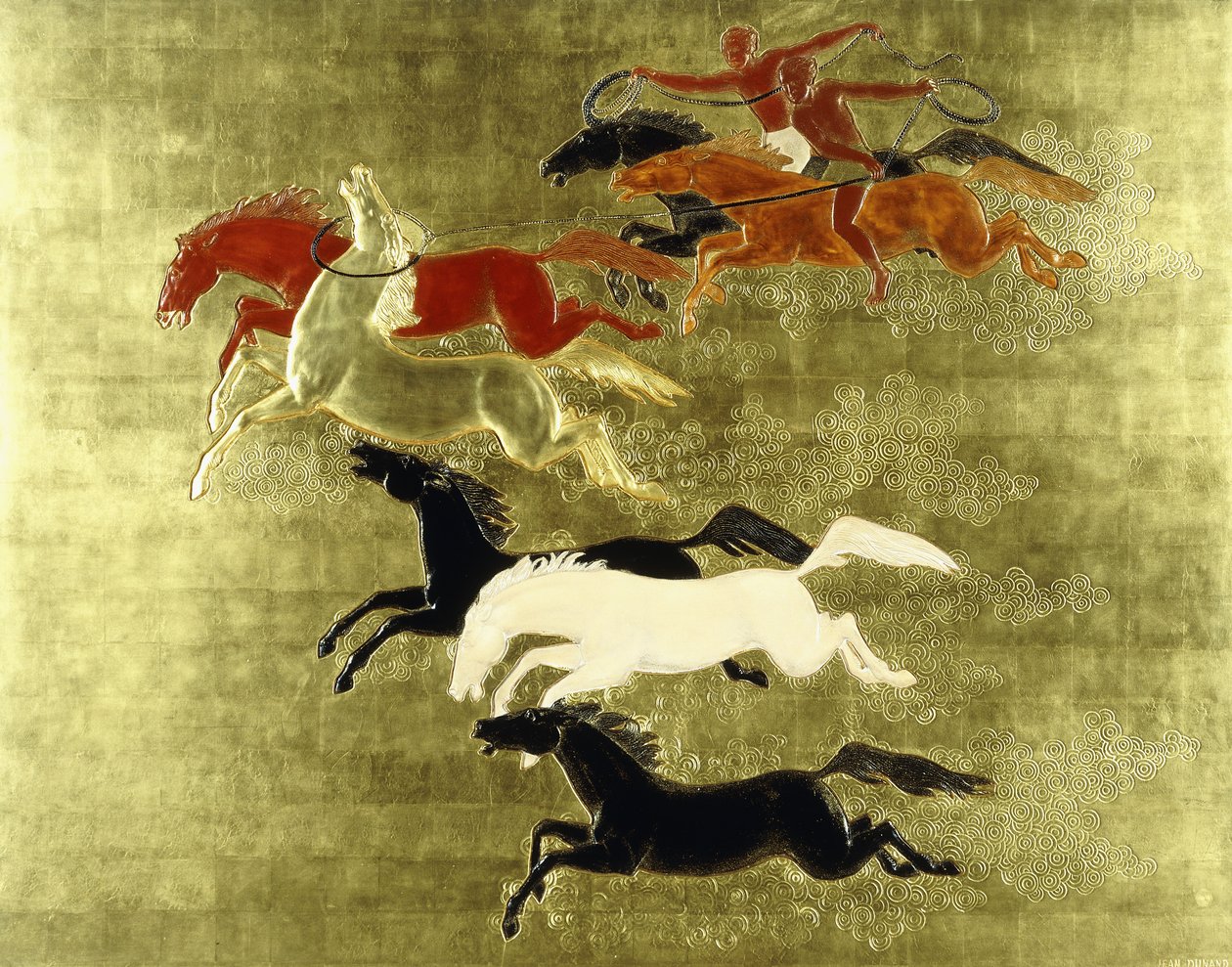 Podbój konia; La Conquete du Cheval, ok. 1934 (płyta lakierowana i złocona) autorstwa Jean Dunand
