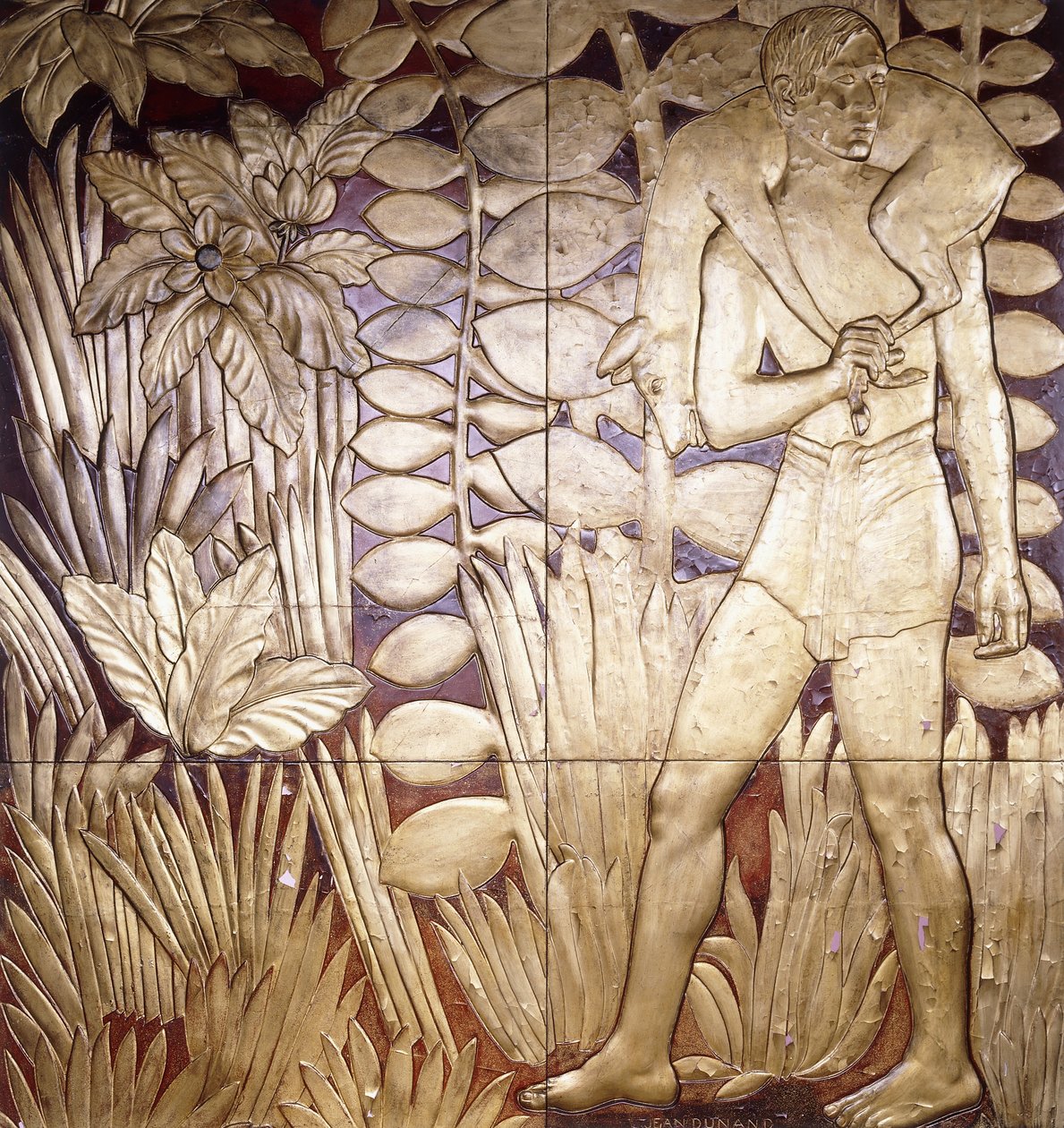Cztery lakierowane i złocone drewniane panele z "La Chase", ok. 1935-1949 autorstwa Jean Dunand