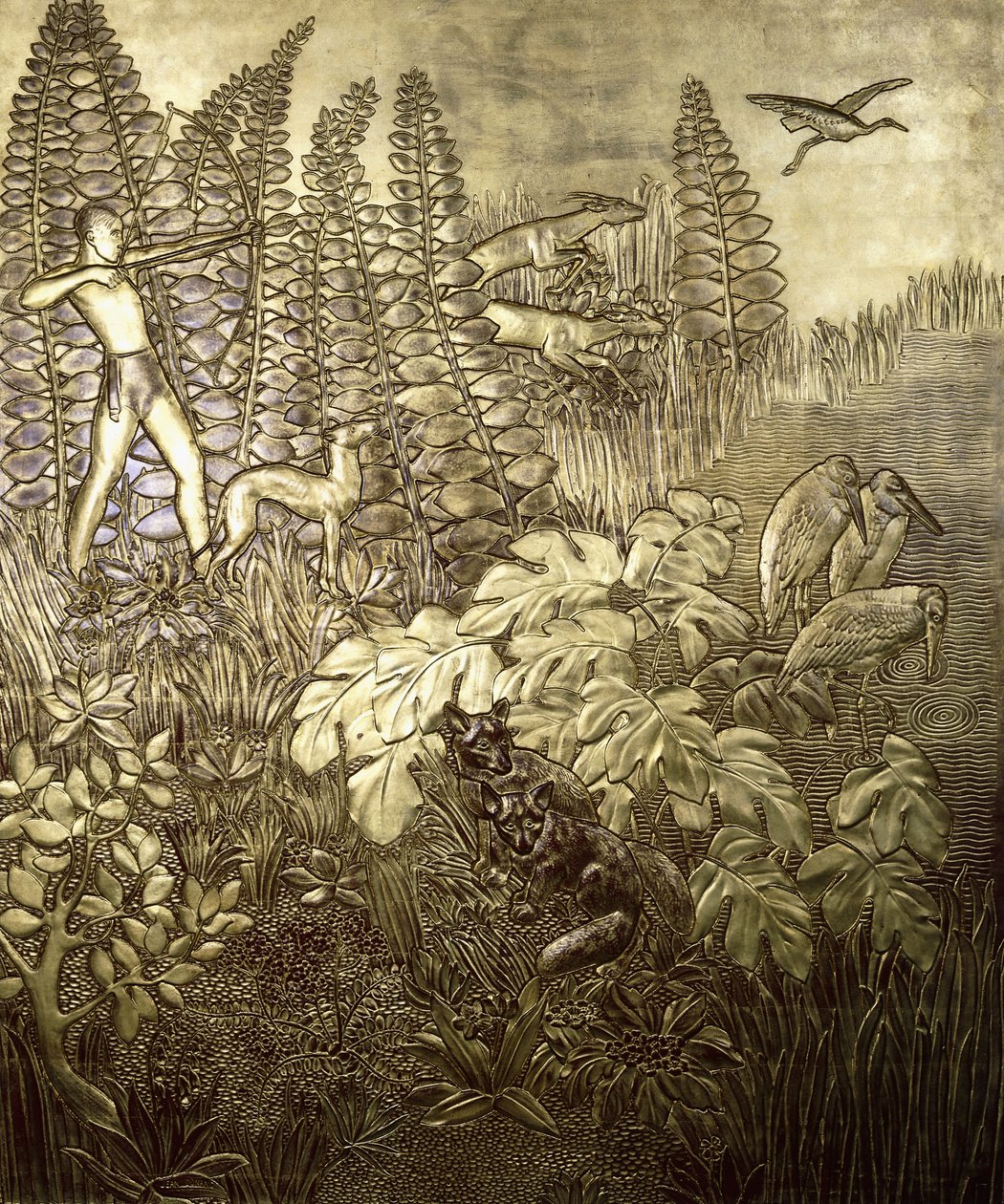 Polowanie; La Chasse, ok. 1934 (drewno złocone i lakierowane) autorstwa Jean Dunand