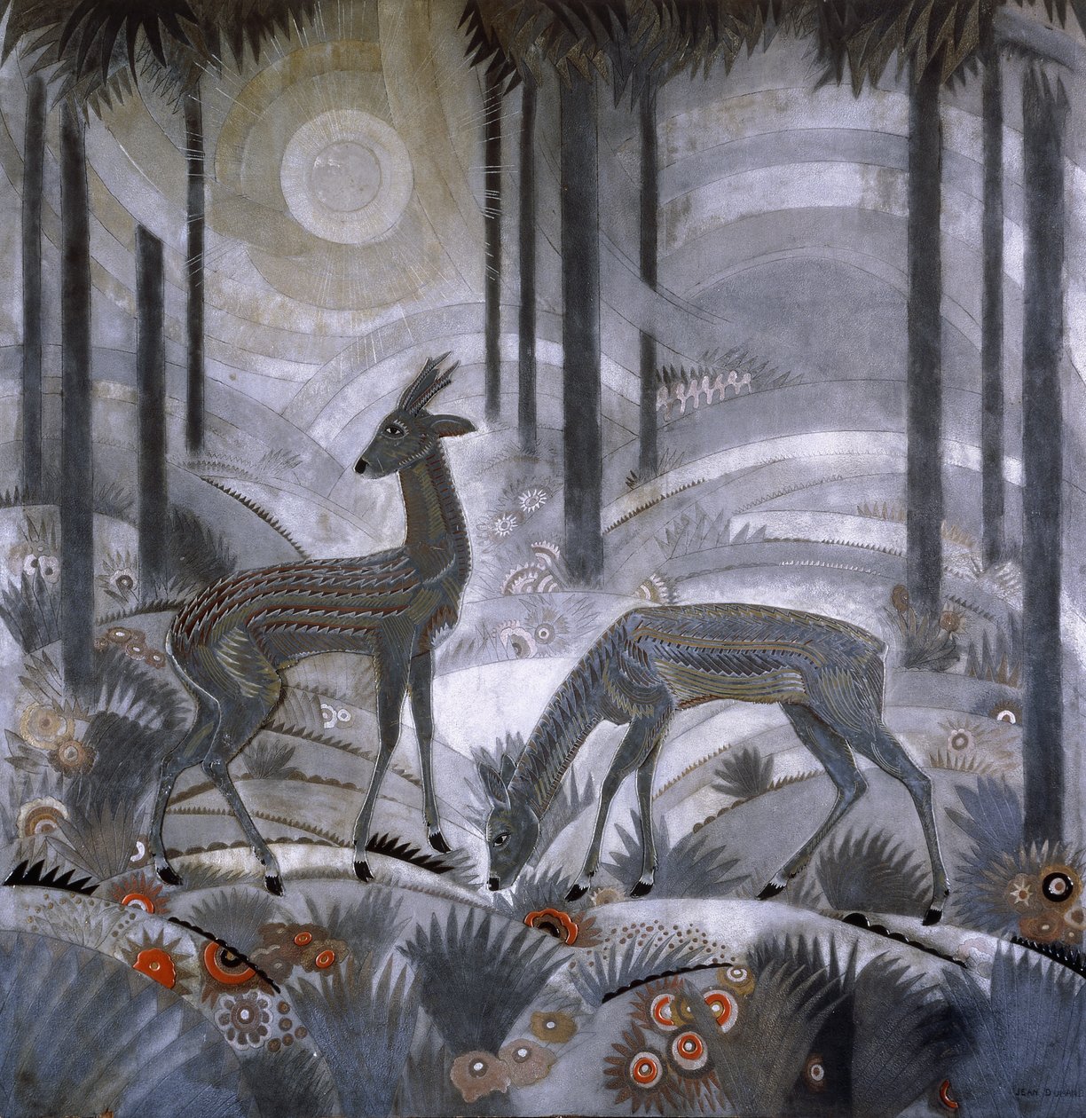 Dwa jelenie w lesie, ok. 1929 (lakierowany panel drewniany) autorstwa Jean Dunand
