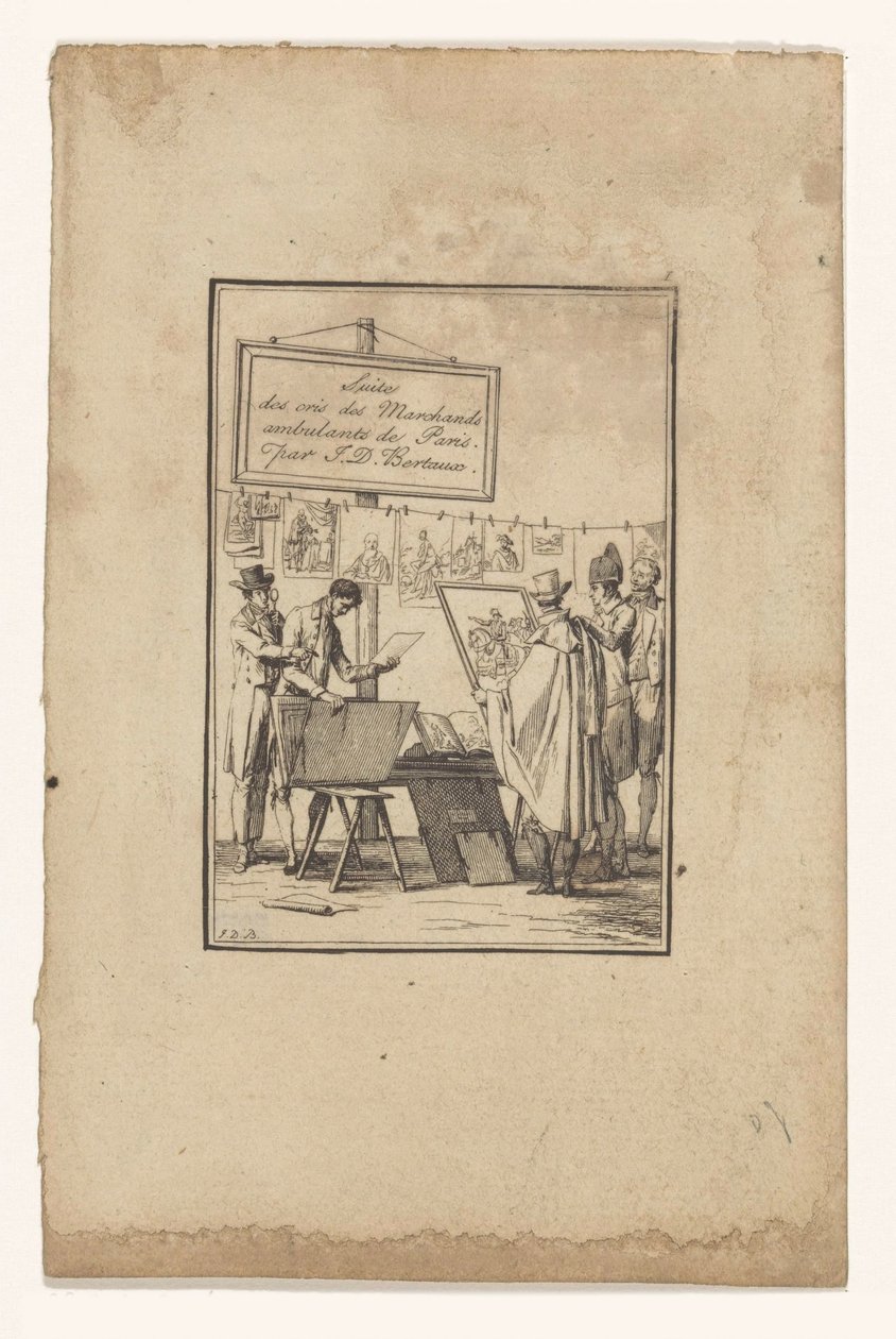 Stoisko sprzedawcy druku Suite des cris des marchands ambulants de Paris (tytuł serii na obiekcie) autorstwa Jean Duplessis Bertaux