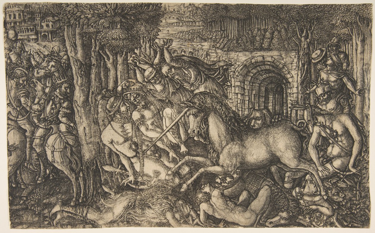Król ścigany przez jednorożca, z serii Jednorożce, ok. godz. 1555. autorstwa Jean Duvet