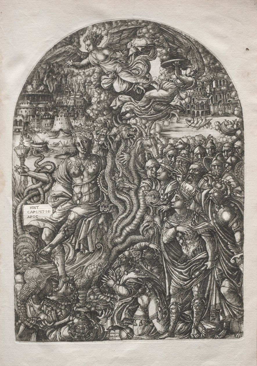 Apokalipsa: Babilon Nierządnica, siedzący na siedmiogłowej bestii, 1546-1556. autorstwa Jean Duvet
