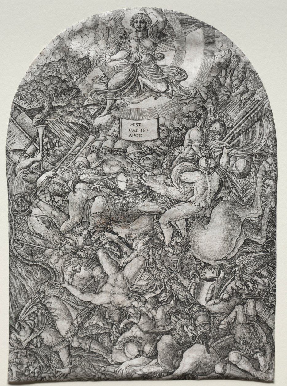 Apokalipsa: Anioł w słońcu wzywa drapieżne ptaki, 1500s. autorstwa Jean Duvet