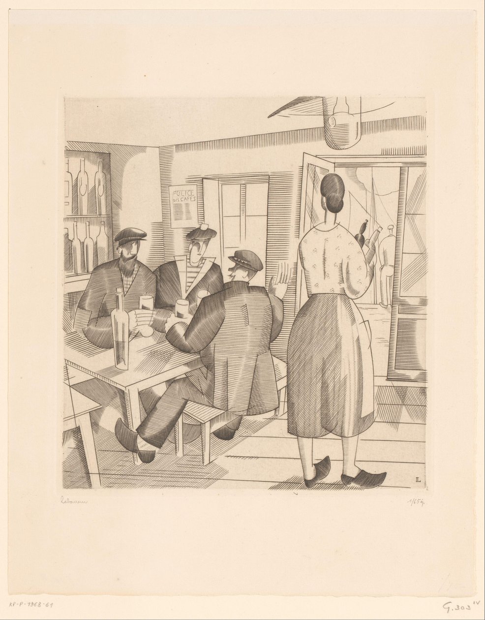 Wnętrze kawiarni z klientami i kelnerką Kabaret Vendeen autorstwa Jean Emile Laboureur (signed by artist)