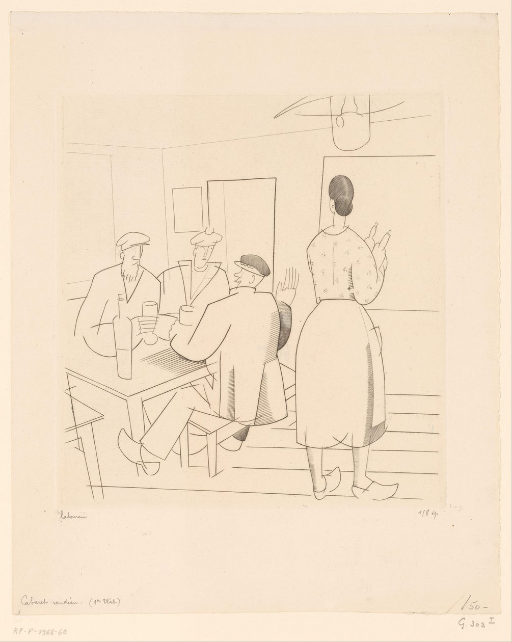 Wnętrze kawiarni z klientami i kelnerką Kabaret vendéen (tytuł na obiekcie) autorstwa Jean Emile Laboureur (signed by artist)