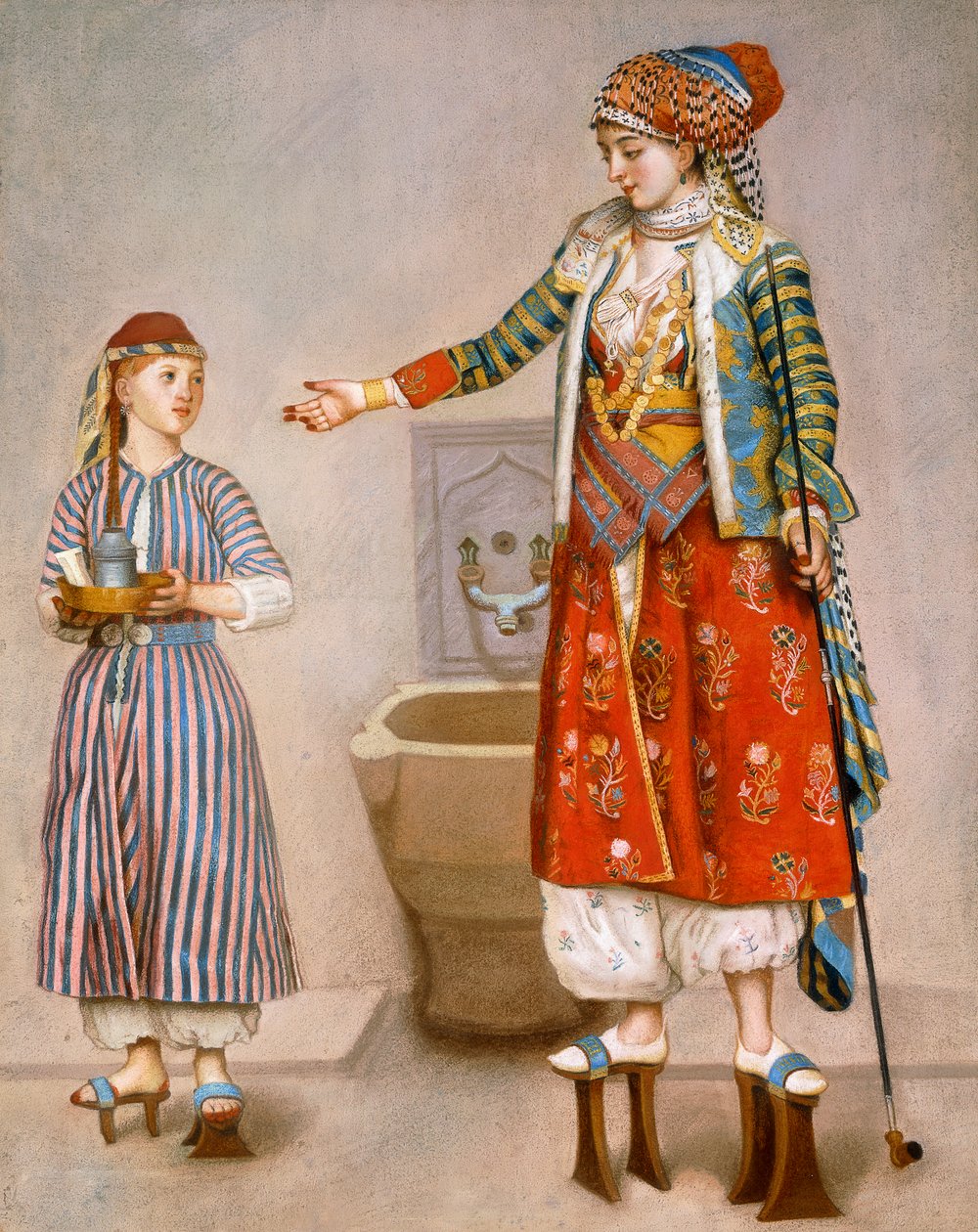 Kobieta w stroju tureckim w hamamie instruuje swojego sługę, autorstwa Jean Étienne Liotard