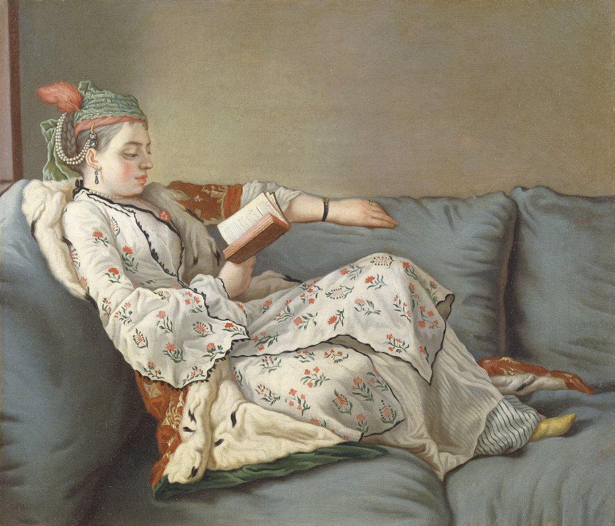 La Sultane Lisant, Dama w tureckim stroju czytająca na kanapie, autorstwa Jean Étienne Liotard
