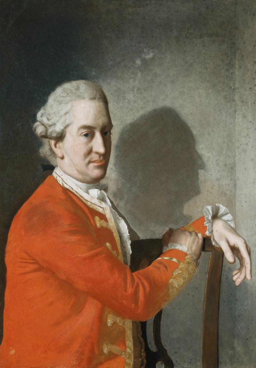 Portret Jamesa Hamiltona, 2. hrabiego Clanbrassil, do połowy długości, w czerwonym płaszczu, siedzącego na mahoniowym krześle, jego profil odlany w cieniu na ścianie z tyłu, 1774 autorstwa Jean Étienne Liotard