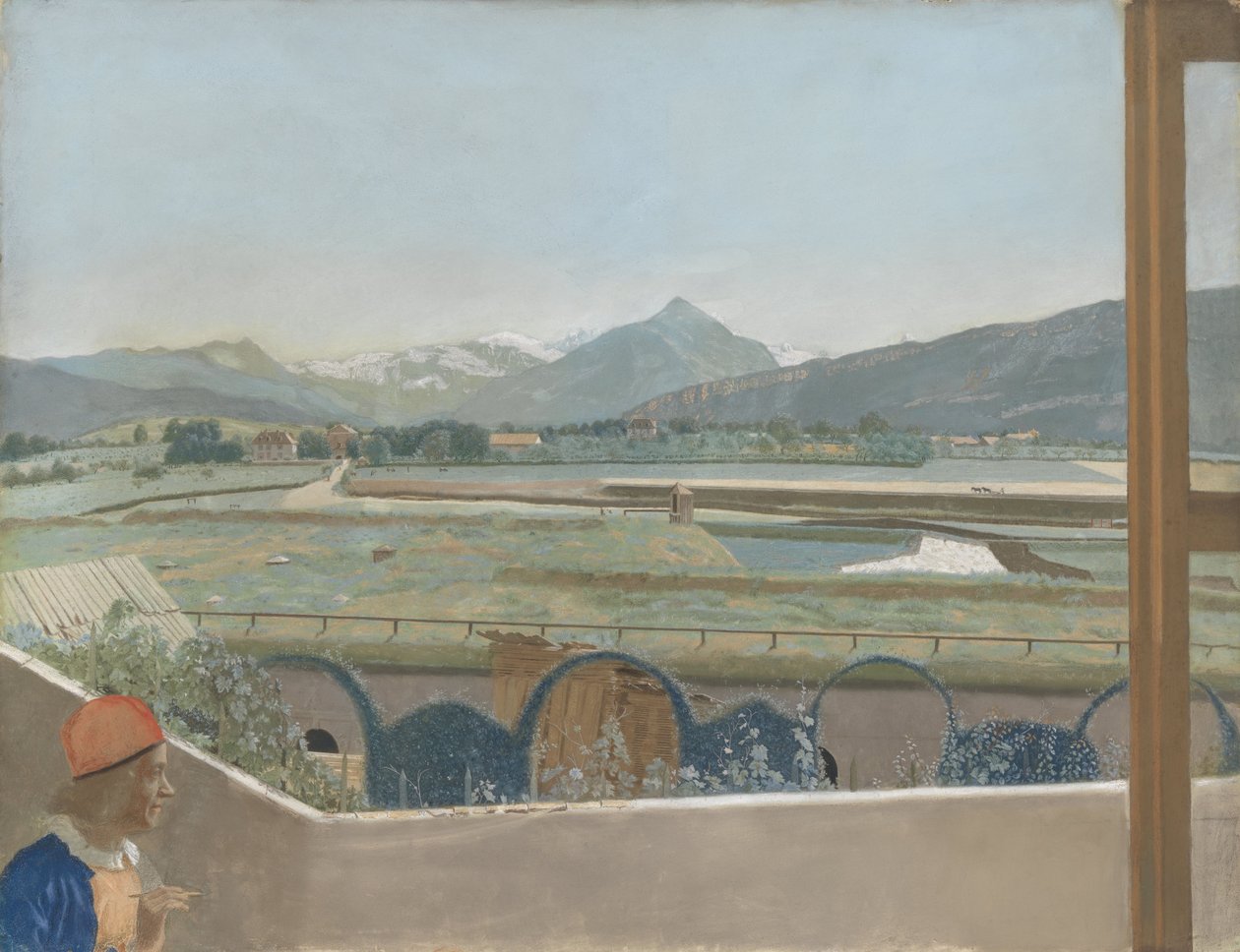 Widok w kierunku masywu Mont Blanc z pracowni artysty w Genewie, z autoportretem, 1765-70 (pergamin) autorstwa Jean Étienne Liotard