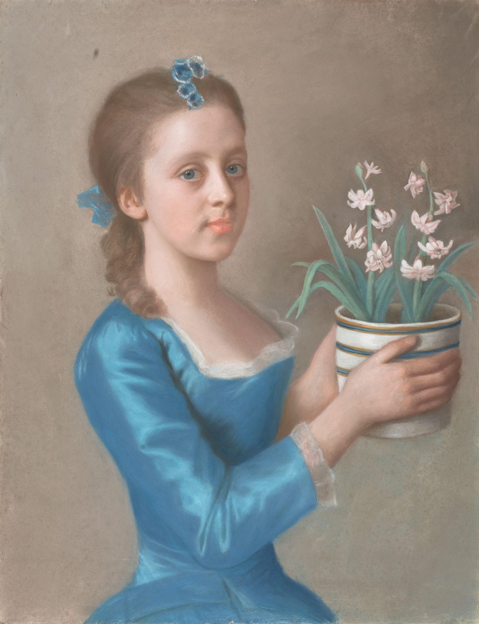 Młoda dziewczyna trzymająca garnek hiacyntów Dziewczyna z doniczką hiacyntów (prawdopodobnie portret lady Caroline Russell, późniejszej księżnej Marlborough) autorstwa Jean Étienne Liotard