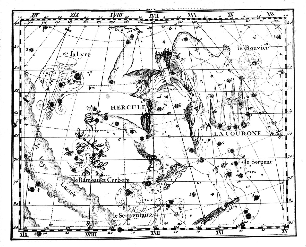 Mapa astronomiczna, wyśrodkowana na gwiazdozbiorze Herkulesa, 1775 autorstwa Jean Fortin