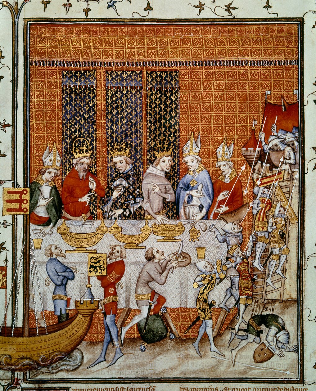 Bankiet wydany przez króla Francji Karola V (1338-1380) w Pałacu Cite na cześć cesarza Karola IV (1316-1378) i króla Czech Wacława IV (1363-1419). Miniatura z „Wielkich kronik Francji” Jeana Fouqueta (1420-1481), Paryż, B.N. autorstwa Jean Fouquet
