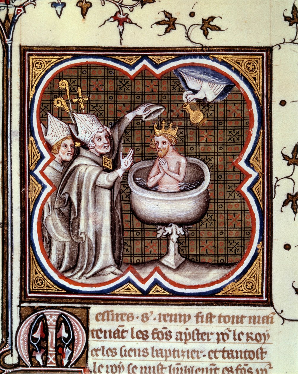 Bapteme of Clovis (466-511) autorstwa Saint Remy (Saint Remi) do Reims w 496: Duch Święty przynosi świętą żarówkę zawierającą święty cherm używany do namaszczenia królów. Miniatura w „” grandes chronicles de france” Jeana Fouqueta (1420-1481) autorstwa Jean Fouquet