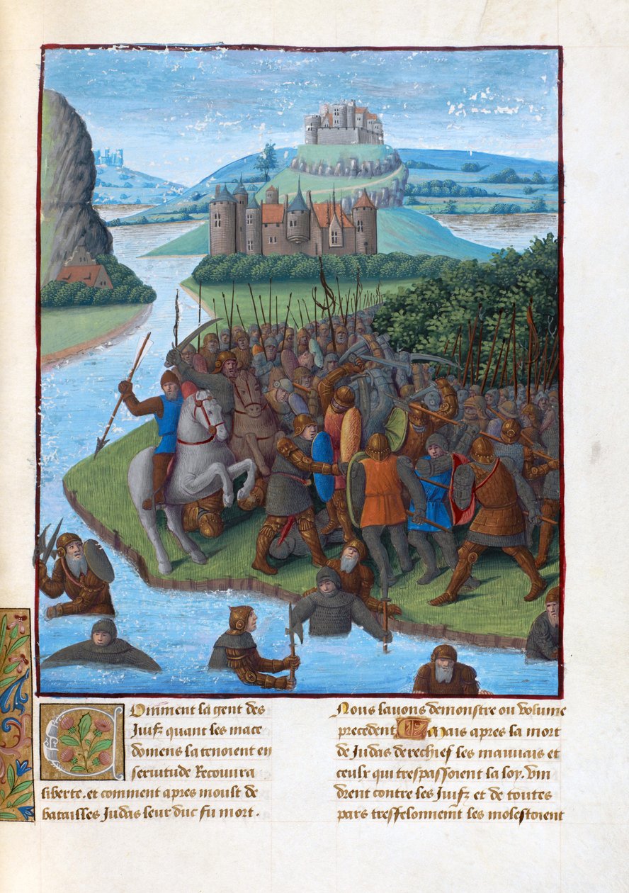 Bitwa między Machabeuszy i Seleucydami (Maccabean Revolt). Ilustracja we Flavius ​​​​Josephus „„Starożytność Żydów”” (Antiquitatum Iudaica autorstwa Fouquet, Jean (1420-1481). Gwasz na pergaminie, L autorstwa Jean Fouquet