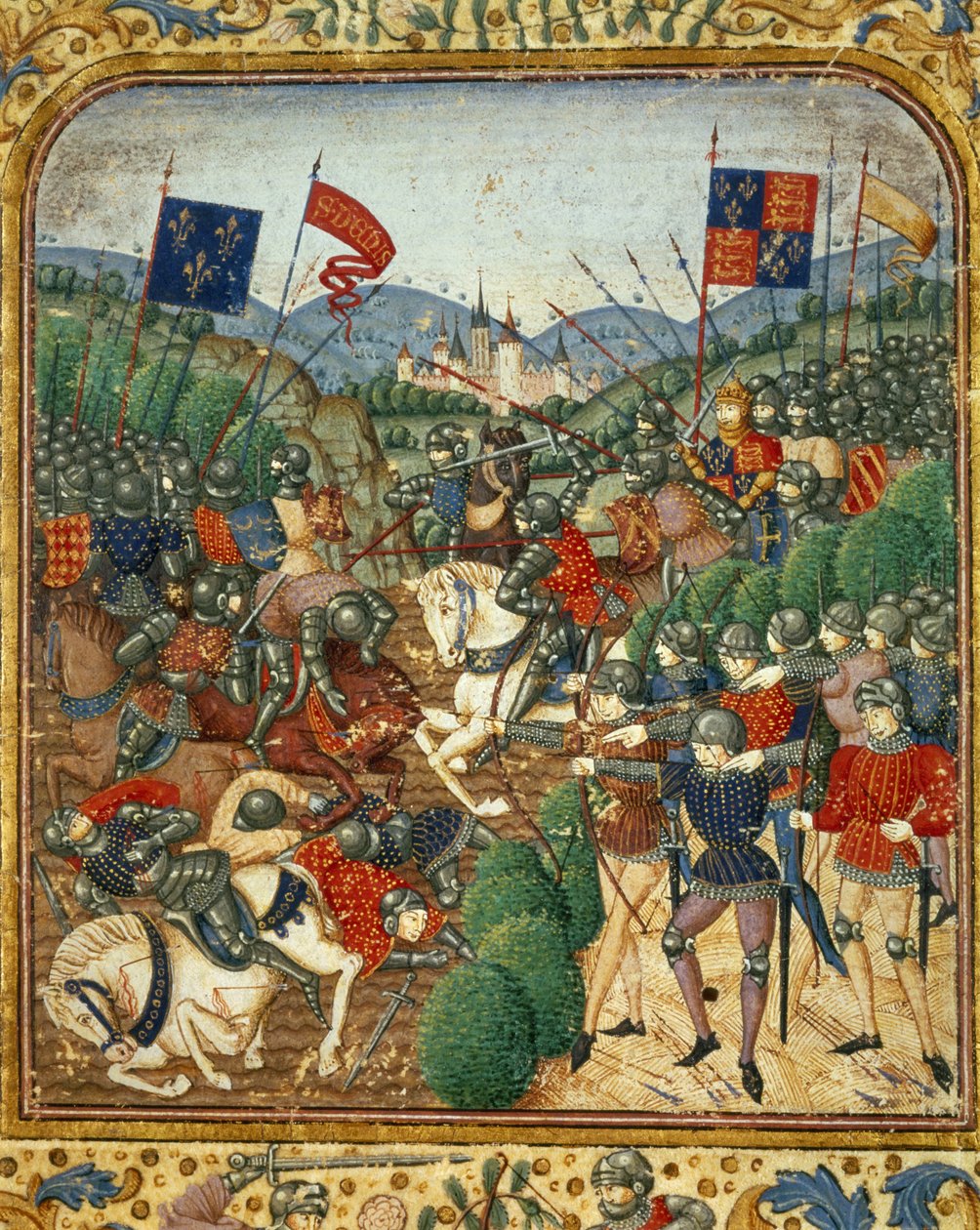 Bitwa pod Azincourt (1415). W czasie wojny stuletniej Henryk V pokonał francuską partię Armagnacs – w „Grandes Chronicles de France” Jeana Fouqueta, około 1467-1476). Biblioteka Wiktorii i Alberta autorstwa Jean Fouquet
