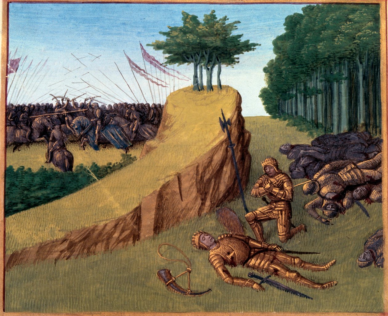 Bitwa pod Roncesvalaux (778). Roland zmarł w Roncevaux. Miniatura w „Grandes Chronicles de France”” (Folio 113) Jean Fouquet (141.-147.) BN, Paryż. autorstwa Jean Fouquet