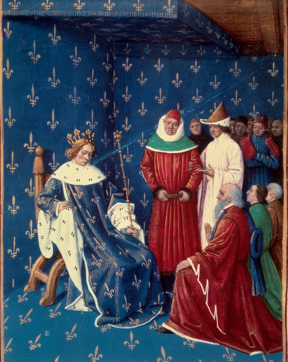 Karol V (1338-1380) przyjął ambasadorów Karola IV (1316-1378), cesarza Świętego Cesarstwa Germańskiego w 1377 roku. Miniatura z rękopisu Jeana Fouqueta (1420-1481) autorstwa Jean Fouquet