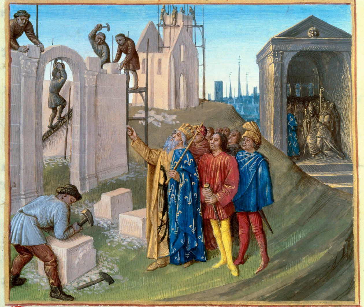 Budowa pałacu w Akwizgranie (796-805) przez Karola Wielkiego (742-814), który nadzoruje budowę. Po prawej Pepin Humbak (770-811) zostaje mnichem. Miniatura z „Les Grandes Chronicles de France”” ogłoszona przez Jeana Fouqueta (1420-1 autorstwa Jean Fouquet