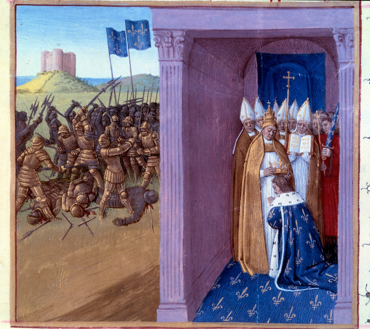 Klęska Gryfa (scena od lewej): Walka Pepina Krótkiego (714-768) i jego brata Gryfa. Pierścienie z Pepin the Brief do Laon w 754. Miniatura w „Grandes Chroniques de France”” (Folio 76) ogłoszona przez Jeana Fouqueta (XV wiek) 1493. Paryż. B N autorstwa Jean Fouquet