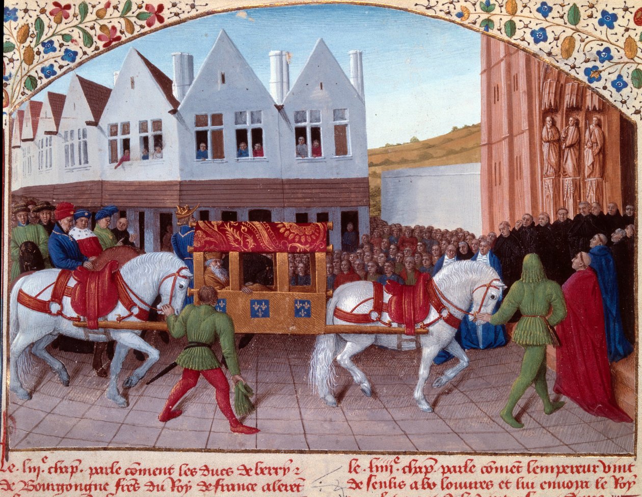 Wejście Karola IV (1316-1378) cesarza niemieckiego w 1378 r. w Saint-Denis. Miniatura z „Grandes Chronicles de France”” (Folio 442). Enlumine – Jean Fouquet (XV wiek) autorstwa Jean Fouquet
