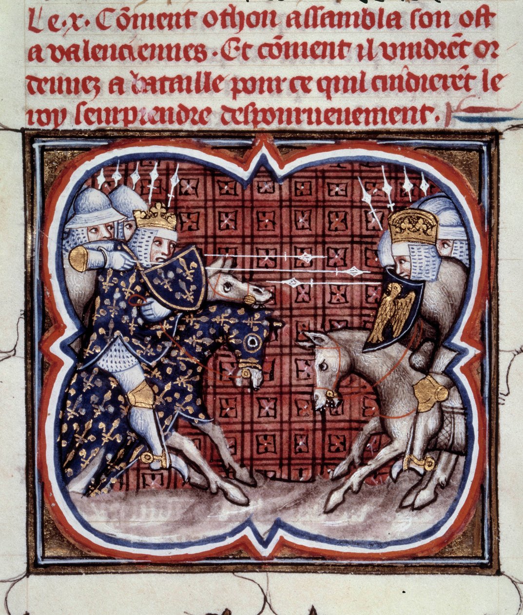 Wojna francusko-angielska (1202-1214): Bitwa pod Bouvines 27.07.1214 pomiędzy francuską armią Philippe Auguste a Flamandami i Welfami z Othona IV. Zwycięstwo francuskie było decydujące dla wyniku wojny. Miniatura z „Wielkich kronik Francji” b autorstwa Jean Fouquet
